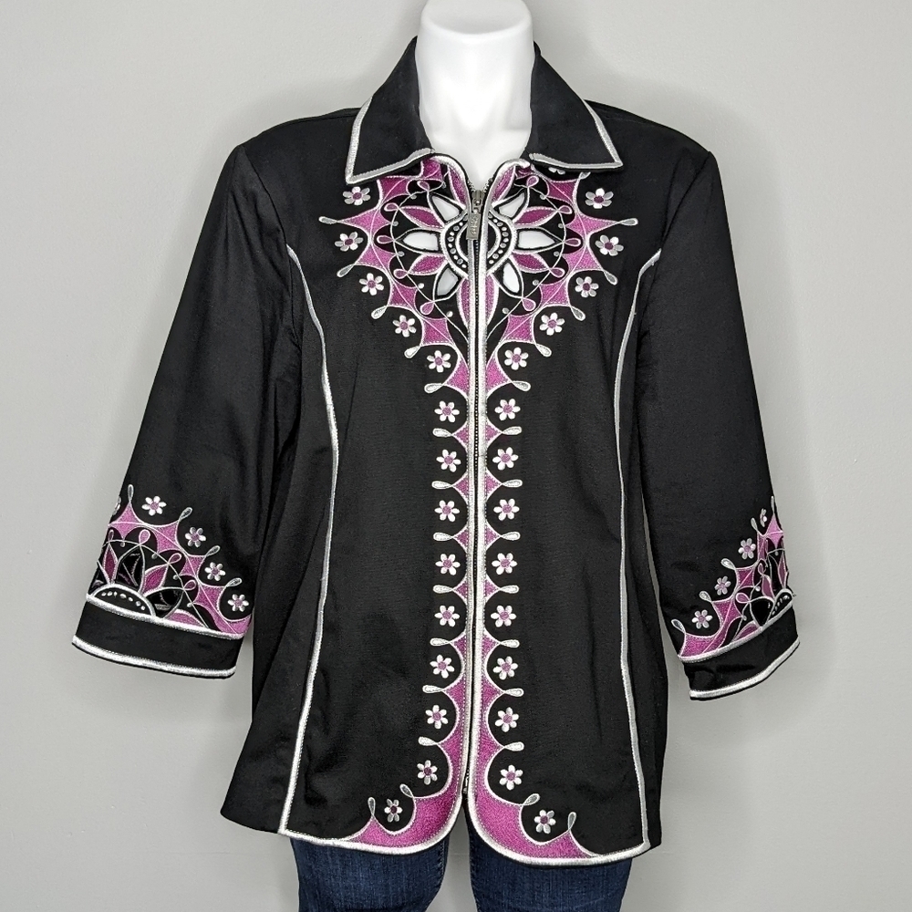 Bob Mackie Wearable Art black pink cutout zip up jacket L